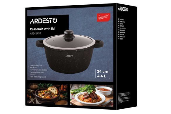 ARDESTO Каструля Gemini Anzio, скляна кришка, 24 см, чорний мармур, алюміній AR2424GE фото
