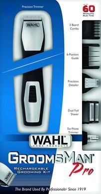 Moser Тример WAHL Groomsman, для бороди, вусів, брів, носа, тіла, акум., роторний мотор, насадок-6, сталь, чорний 09855-1216 фото