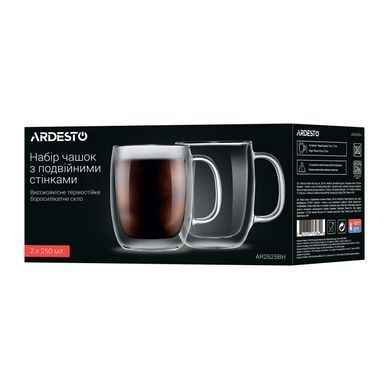 ARDESTO Набор чашек с ручками и двойными стенками, 250мл, 2шт, боросиликатное стекло, прозрачный AR2625BH фото