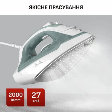 Tefal Праска Virtuo 30, 2000Вт, 240мл, паровий удар -120гр, постійна пара - 27гр, керам. підошва, біло-зелений FV2C42E0 фото