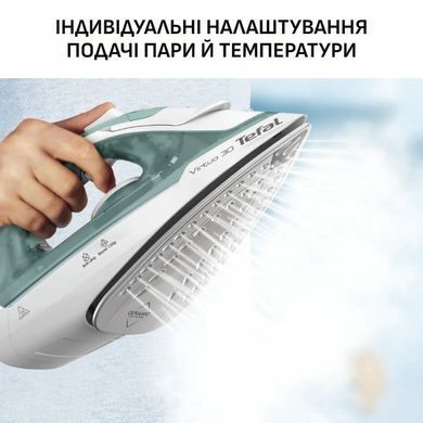 Tefal Праска Virtuo 30, 2000Вт, 240мл, паровий удар -120гр, постійна пара - 27гр, керам. підошва, біло-зелений FV2C42E0 фото