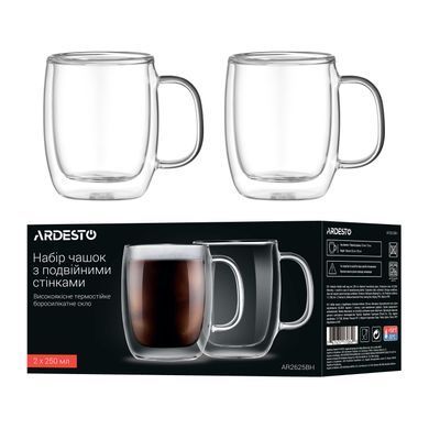 ARDESTO Набор чашек с ручками и двойными стенками, 250мл, 2шт, боросиликатное стекло, прозрачный AR2625BH фото