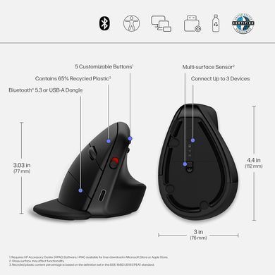 HP Мышь 920 Ergonomic Vertical, USB-A/WL/BT, чёрный 6H1A4AA фото