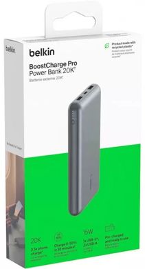 Belkin Акумулятор портативний літій-іонний Power Bank 20000мА·год, 15Вт, 2хUSB-A/USB-C, cірий BPB012BTGY фото