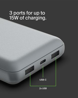 Belkin Акумулятор портативний літій-іонний Power Bank 20000мА·год, 15Вт, 2хUSB-A/USB-C, cірий BPB012BTGY фото