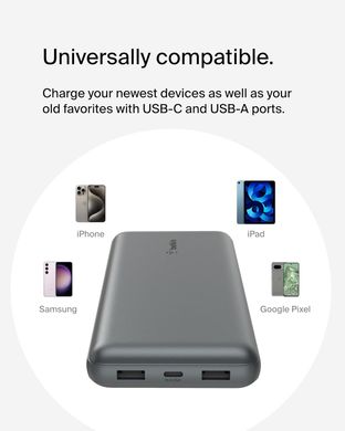 Belkin Акумулятор портативний літій-іонний Power Bank 20000мА·год, 15Вт, 2хUSB-A/USB-C, cірий BPB012BTGY фото