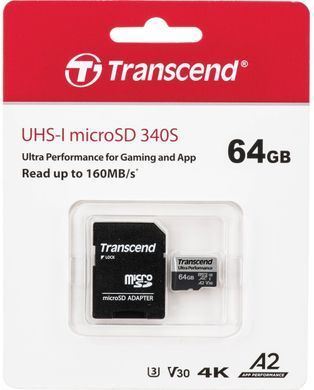 Transcend microSDXC 340S[Карта памяти microSD 64GB C10 UHS-I U3 A2 R160/W80MB/s + SD] TS64GUSD340S фото