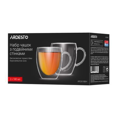 ARDESTO Набор чашек с ручками и двойными стенками, 180мл, 2шт, боросиликатное стекло, прозрачный AR2618BH фото