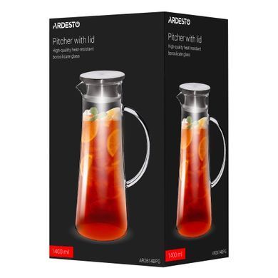 ARDESTO Pitcher with lid 1400ml, borosilicate glass, stainless steel, transparent AR2614BPG фото
