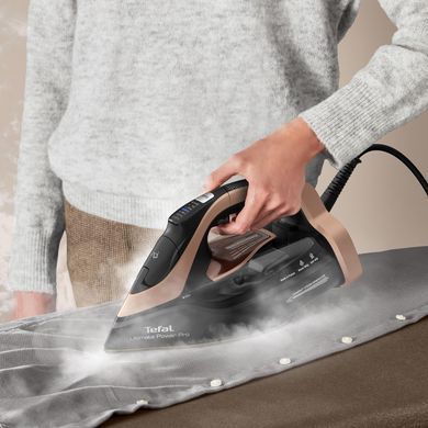 Tefal Праска Ultimate Power Pro, 3200Вт, 350мл, паровий удар -300гр, постійна пара - 85гр, керам. підошва, чорно-золотий FV9E50E0 фото