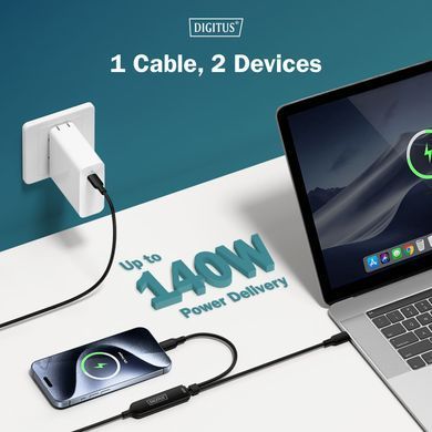 Digitus Кабель DIGITUS USB-C > 2xUSB-C заряджання/синхронізації, USB 2.0, 140W, 1.8м, чорний AK-300170-018-S фото