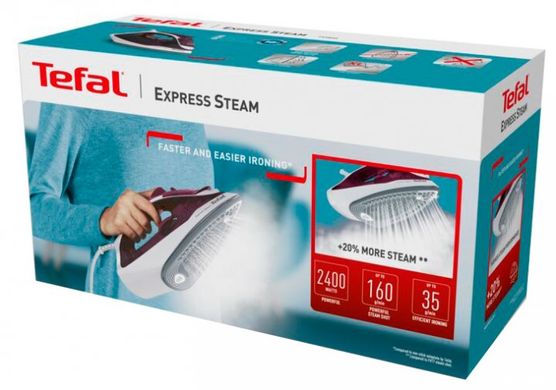 Праска Tefal Express Steam, 2400Вт, 270мл, паровий удар -160гр, постійна пара - 30гр, керам. підошва, бордовий FV2835E0 фото