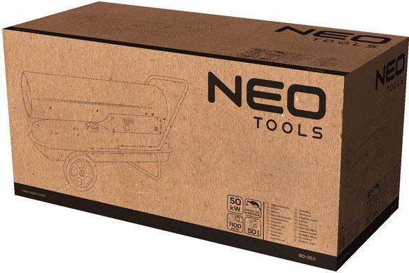 Neo Tools Тепловая пушка дизель/керосин, 50 кВт, 1100м3/ч, прямого нагрева, бак 50л, расход 4.7л/ч, IPX4, колеса 90-082 фото