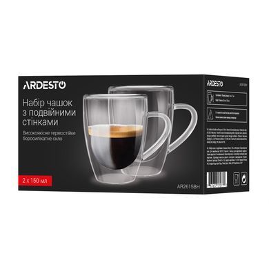 ARDESTO Набор чашек с ручками и двойными стенками, 150мл, 2шт, боросиликатное стекло, прозрачный AR2615BH фото