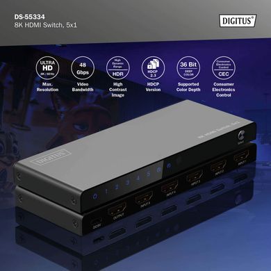 Digitus Відеокомутатор UHD HDMI (INx5 - OUTx1), 8K DS-55334 фото
