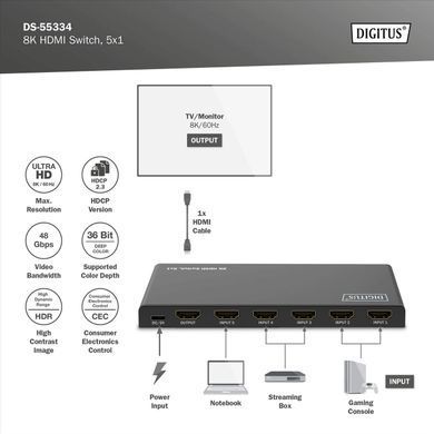 Digitus Відеокомутатор UHD HDMI (INx5 - OUTx1), 8K DS-55334 фото