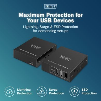 Digitus Подовжувач USB 3.2 Gen1, для використання з кабелем Cat6A, до 100 м, 3 х USB-A, 1 x USB-C, чорний DA-73121 фото
