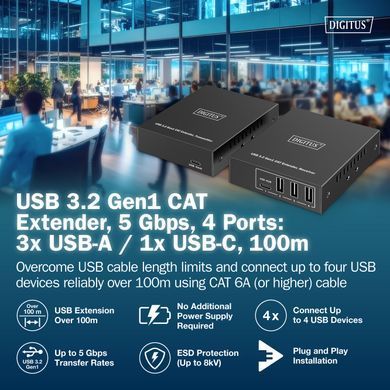 Digitus Подовжувач USB 3.2 Gen1, для використання з кабелем Cat6A, до 100 м, 3 х USB-A, 1 x USB-C, чорний DA-73121 фото