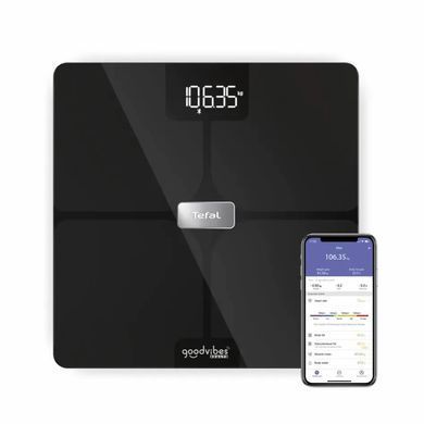 Tefal Ваги підлогові Body Fat Goodvibes Health, 180кг, 1 х Li-ion, скло, чорний BM9670S1 фото