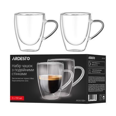 ARDESTO Набор чашек с ручками и двойными стенками, 150мл, 2шт, боросиликатное стекло, прозрачный AR2615BH фото