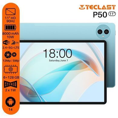 TECLAST Планшет P50 11" 6ГБ, 128ГБ, LTE, 8000мА&bull;год, Android, блакитний 6940709686829 фото
