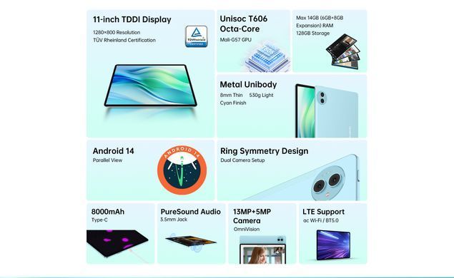 TECLAST Планшет P50 11" 6ГБ, 128ГБ, LTE, 8000мА&bull;год, Android, блакитний 6940709686829 фото