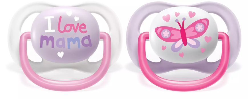 AVENT ПУСТУШКА ULTRA AIR 0-6МІС, ОРТОДОНТИЧНА, 2ШТ, I LOVE ДЛЯ ДІВЧАТ SCF080/02 фото