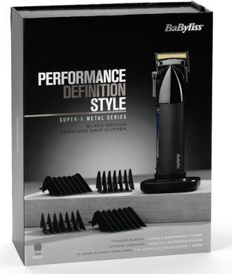 BaByliss Машинка для стрижки Super-X Metal Series, акум., насадок-12, быстрая заряд, сумка для хранения, сталь с графитовим покрытием, чорно-серебр. E991E фото
