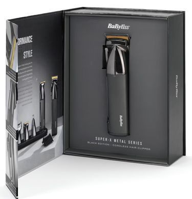 BaByliss Машинка для стрижки Super-X Metal Series, акум., насадок-12, быстрая заряд, сумка для хранения, сталь с графитовим покрытием, чорно-серебр. E991E фото