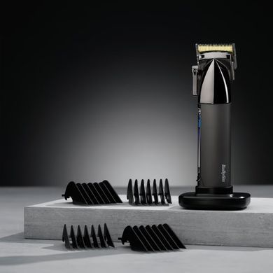 BaByliss Машинка для стрижки Super-X Metal Series, акум., насадок-12, быстрая заряд, сумка для хранения, сталь с графитовим покрытием, чорно-серебр. E991E фото