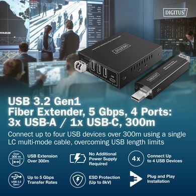 Digitus Подовжувач USB 3.2 Gen1, для використання з кабелем FO MM LC, до 300 м, 3 х USB-A, 1 x USB-C, чорний DA-73122 фото
