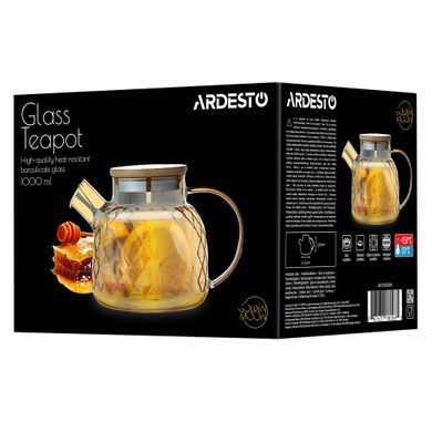 ARDESTO Teapot Golden Moon Diamond 1000ml, borosilicate glass, bamboo, golden
