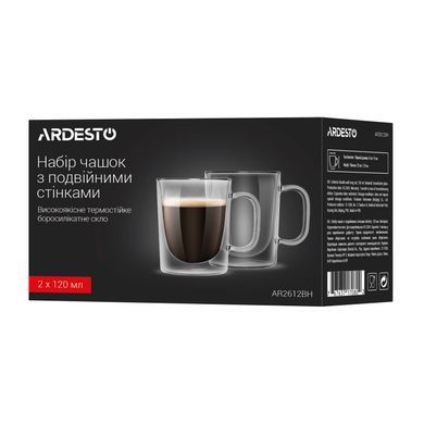 ARDESTO Набор чашек с ручками и двойными стенками, 120мл, 2шт, боросиликатное стекло, прозрачный AR2612BH фото