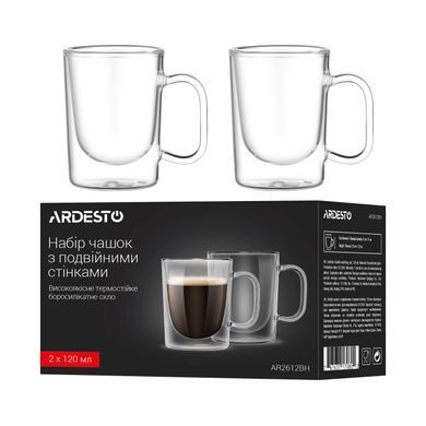 ARDESTO Набор чашек с ручками и двойными стенками, 120мл, 2шт, боросиликатное стекло, прозрачный AR2612BH фото