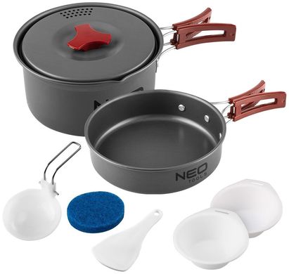 Набор посуды туристической Neo Tools, 7в1, кастрюля, сковорода, 2 тарелки, половник, лопатка, губка, сертификат LFGB, 0.42кг 63-146 фото