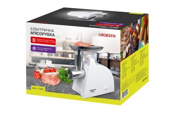 ARDESTO М'ясорубка, 1700Вт, продук.-1.6кг/хв, 2 решітки + для ковб., кеббе, пластик, білий MGL-1730R фото