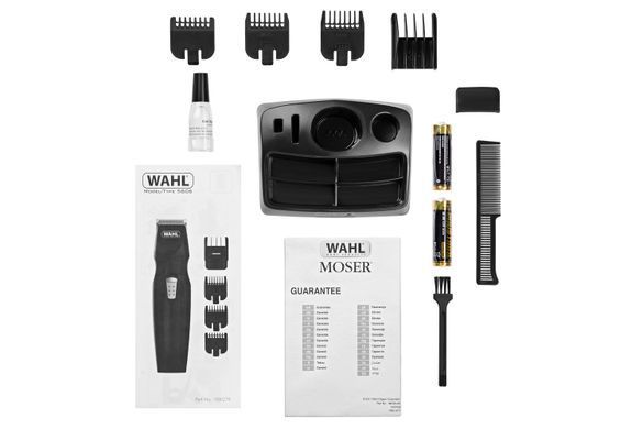 Moser Триммер WAHL Mustache&Beard для бороды и усов, 2хАА, роторный мотор, насадок-4, расческа, подскавка, сталь, черный 05606-508 фото