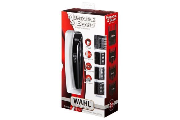 Moser Триммер WAHL Mustache&Beard для бороды и усов, 2хАА, роторный мотор, насадок-4, расческа, подскавка, сталь, черный 05606-508 фото