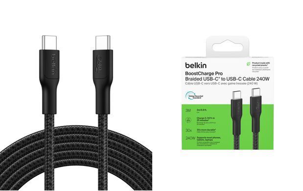 Belkin Кабель USB-C > USB-C зарядки/синхронизации 3м, 240Вт, Type-C, витой, черный CAB025HQ3MBK фото
