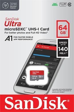 SanDisk Карта пам'яті microSD 64GB C10 UHS-I R140MB/s Ultra SDSQUAB-064G-GN6MN фото