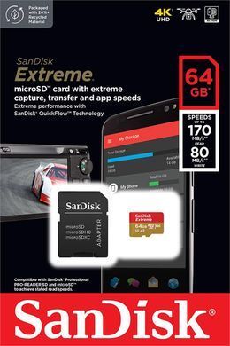 SanDisk Карта пам'яті microSD 64GB C10 UHS-I U3 R170/W80MB/s Extreme V30 + SD SDSQXAH-064G-GN6MA фото