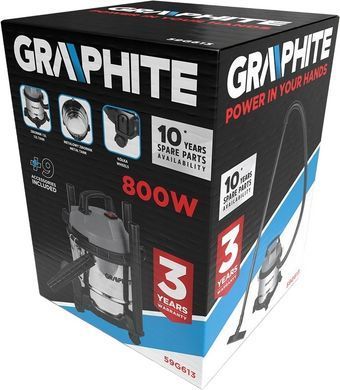 Graphite Пылесос профессиональный, 800Вт, 12кПа, контейнер 12л, розетка 220В/800В, колеса 59G613 фото