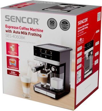 Sencor Кавоварка Sencor ріжкова 1.8л, мелена, автоматичний капучинатор, LCD-дисплей, нерж. сталь-чорнийКавоварка Sencor ріжкова 1.8л, мелена, автоматичний капучинатор, LCD-дисплей, нерж. сталь-чорний SES4060BK фото