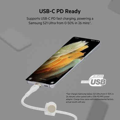 Belkin Кабель USB-С - USB-C витой, силиконовый, с ремешком на магните, 1м, белый CAB011BT1MWH фото