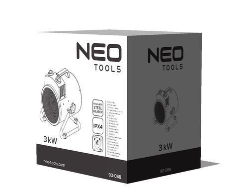 Тепловая пушка электрическая Neo Tools, 3кВт, 80м кв., 354м куб./ч, нагр.элемент - нерж.сталь, IPX4 90-068 фото