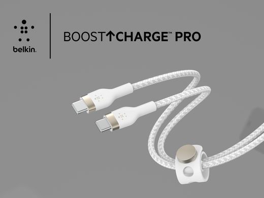 Belkin Кабель USB-С - USB-C витой, силиконовый, с ремешком на магните, 1м, белый CAB011BT1MWH фото