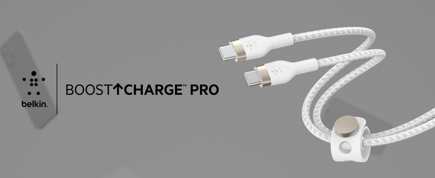 Belkin Кабель USB-С - USB-C витой, силиконовый, с ремешком на магните, 1м, белый CAB011BT1MWH фото