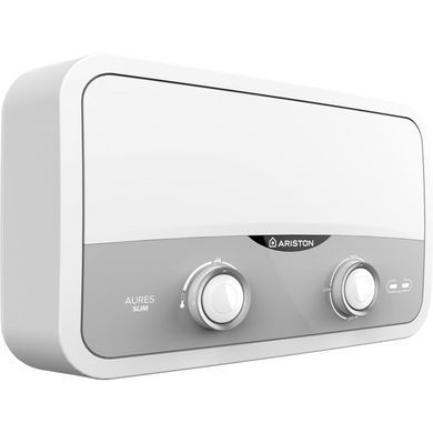 Ariston Водонагрівач електр. AURES SF 5.5 COM EU проточний, 2,1л, 5,5кВт, горизонтальний монтаж, мех. кер-ння, A, В'єтнам, біло-сірий
