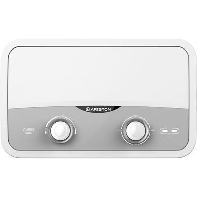 Ariston Водонагрівач електр. AURES SF 5.5 COM EU проточний, 2,1л, 5,5кВт, горизонтальний монтаж, мех. кер-ння, A, В'єтнам, біло-сірий