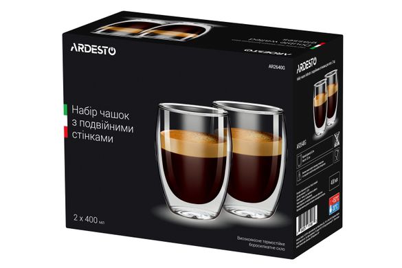 Набір чашок Ardesto з подвійними стінками, 400 мл, H 13,5 см, 2 од., боросилікатне скло AR2640G фото